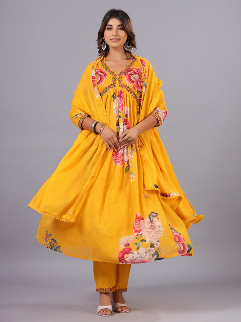 Mustard Digital Print Alia Cut Embroidered Kurti Set