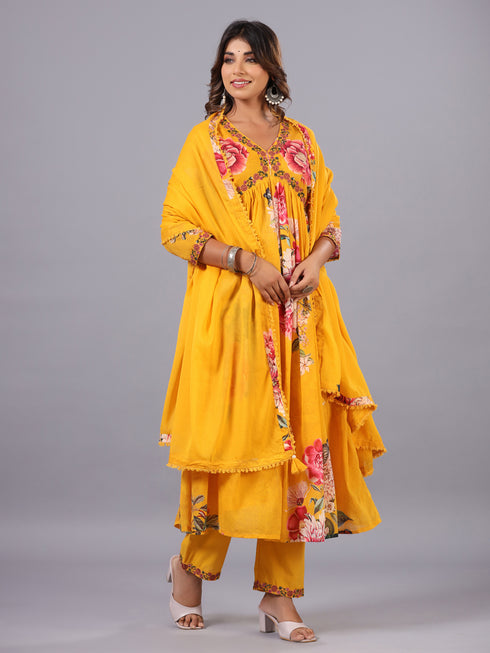Mustard Digital Print Alia Cut Embroidered Kurti Set