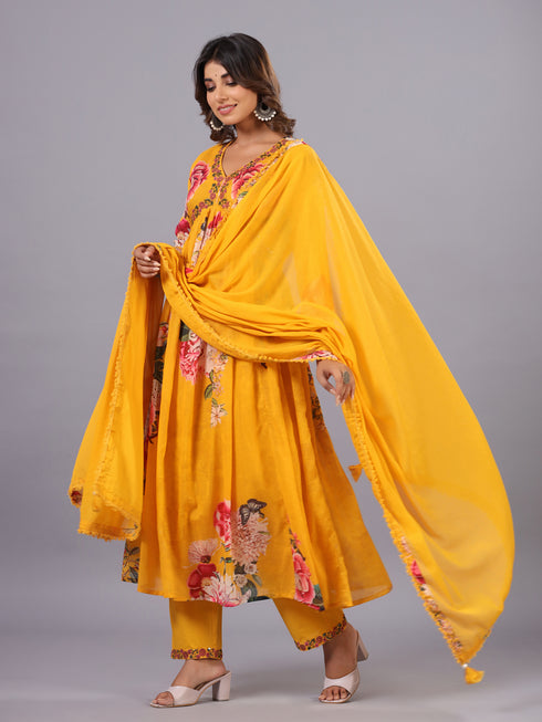 Mustard Digital Print Alia Cut Embroidered Kurti Set