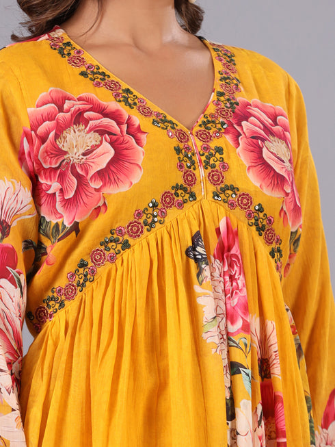 Mustard Digital Print Alia Cut Embroidered Kurti Set