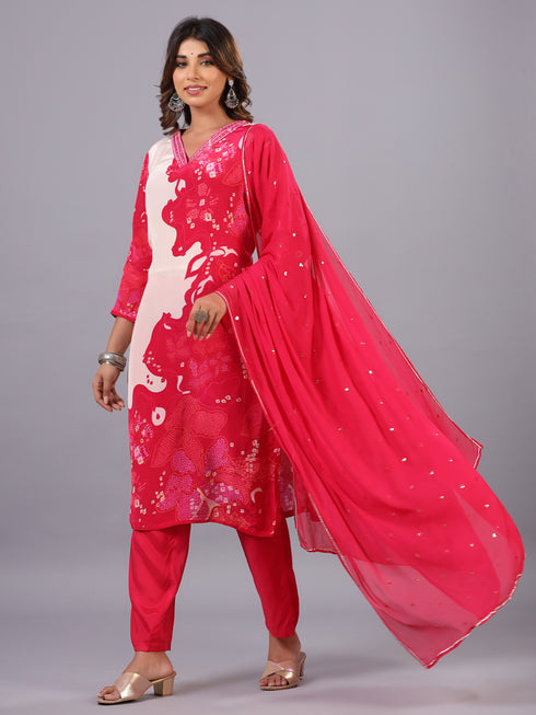 Pink Bandhani Print Mirror Work Kurti Set