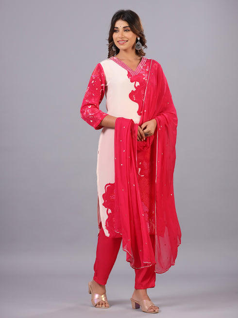 Pink Bandhani Print Mirror Work Kurti Set