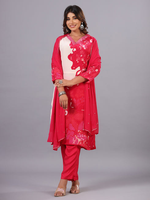 Pink Bandhani Print Mirror Work Kurti Set