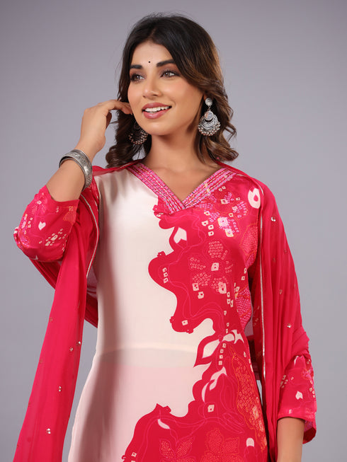 Pink Bandhani Print Mirror Work Kurti Set
