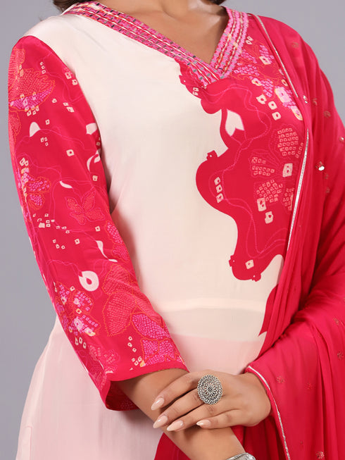 Pink Bandhani Print Mirror Work Kurti Set