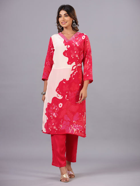 Pink Bandhani Print Mirror Work Kurti Set