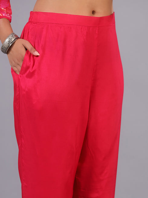 Pink Bandhani Print Mirror Work Kurti Set