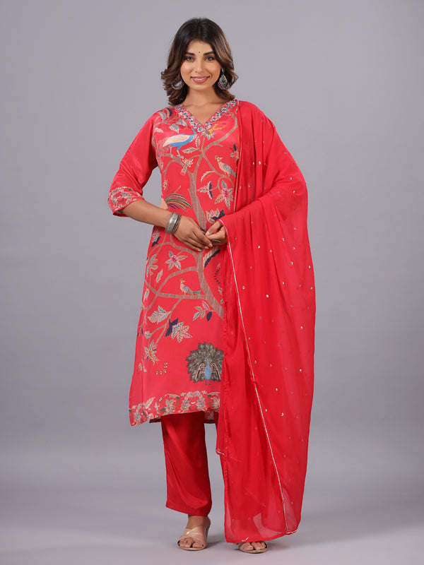 Red Classic Print mirror Work Kurti Set