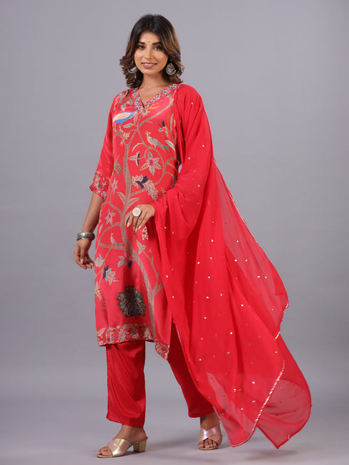 Red Classic Print mirror Work Kurti Set