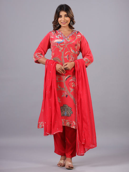 Red Classic Print mirror Work Kurti Set