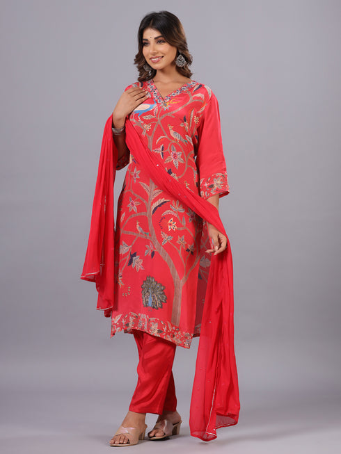 Red Classic Print mirror Work Kurti Set