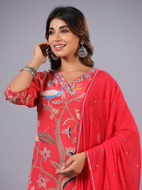 Red Classic Print mirror Work Kurti Set