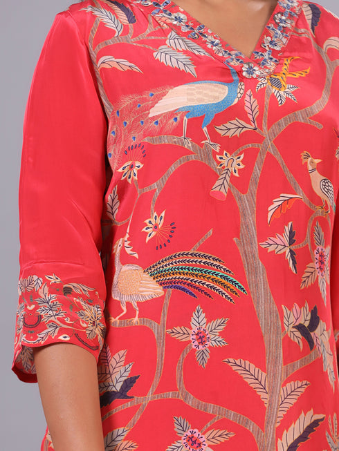 Red Classic Print mirror Work Kurti Set