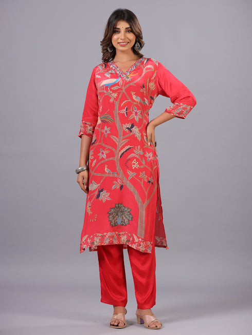 Red Classic Print mirror Work Kurti Set