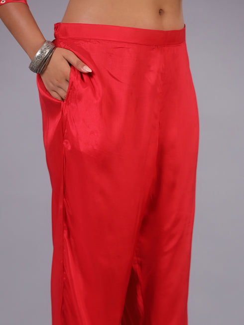 Red Classic Print mirror Work Kurti Set