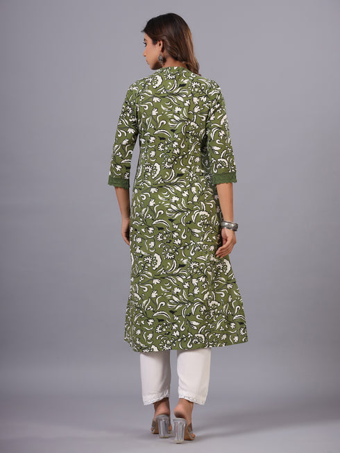 Green Floral Print Princess Cut Kurti