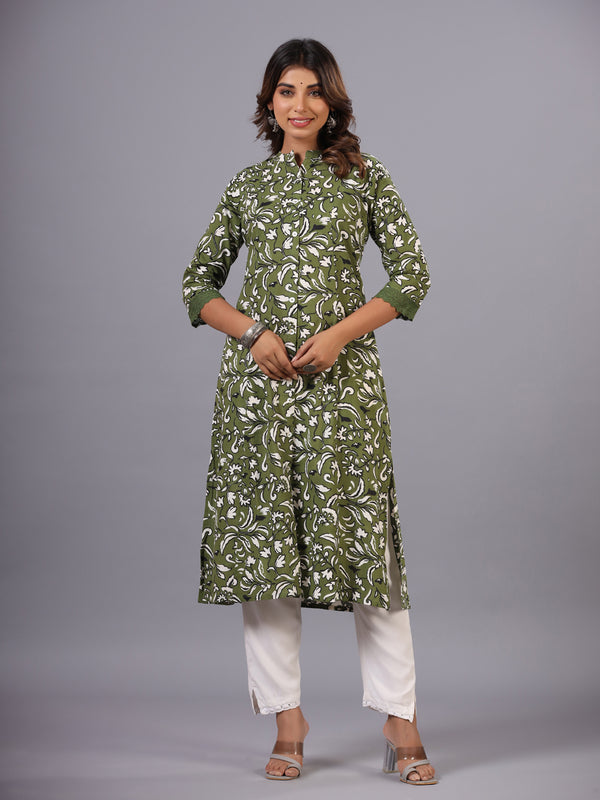Green Floral Print Princess Cut Kurti