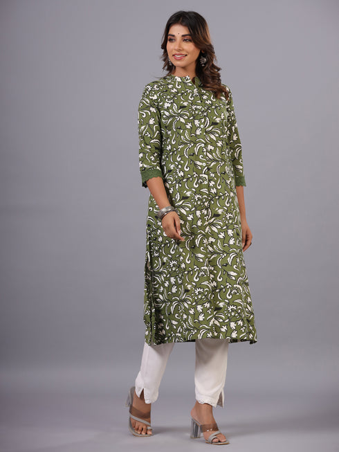 Green Floral Print Princess Cut Kurti