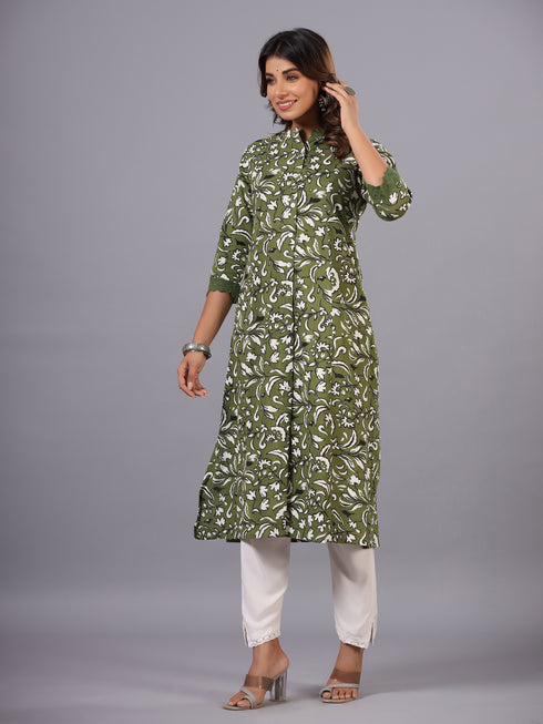 Green Floral Print Princess Cut Kurti