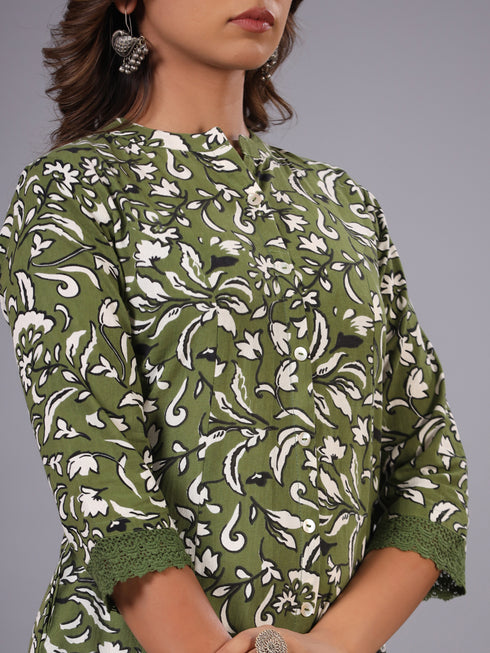 Green Floral Print Princess Cut Kurti