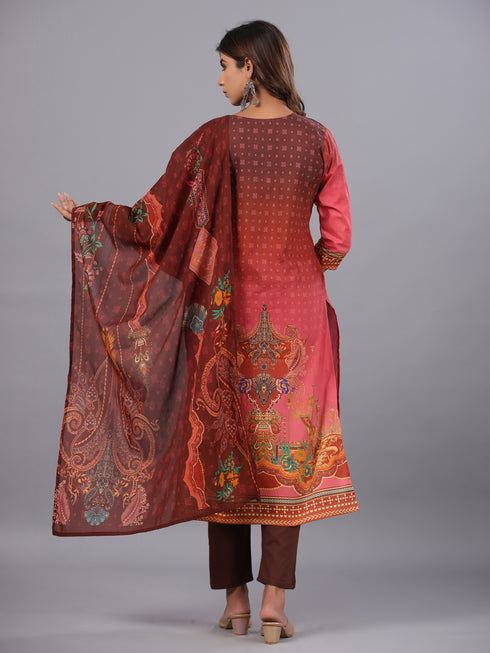 Brown Printed Embroidered Kurti Set