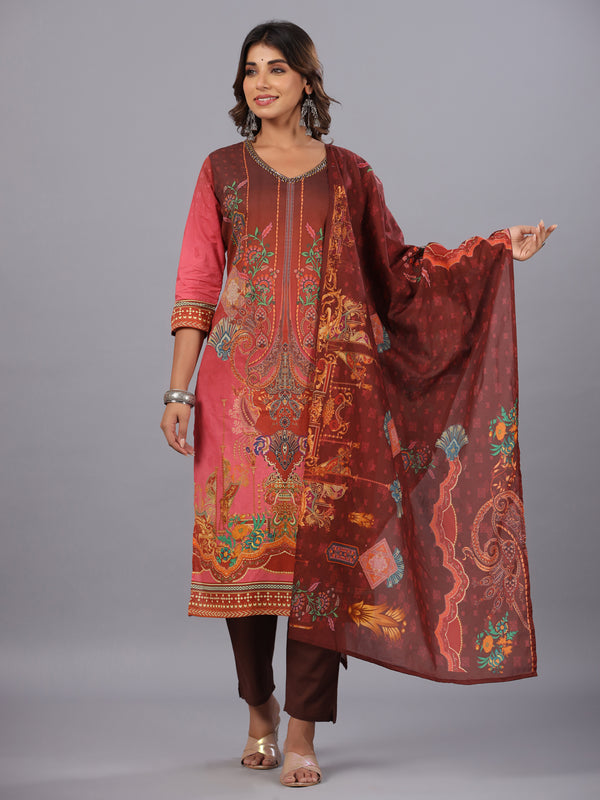 Brown Printed Embroidered Kurti Set