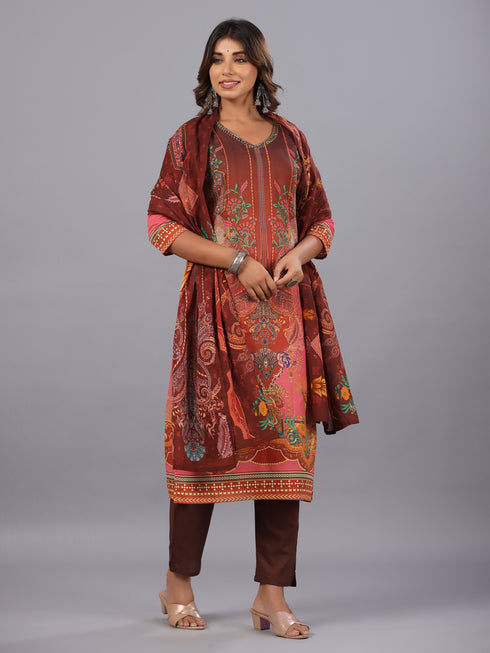 Brown Printed Embroidered Kurti Set
