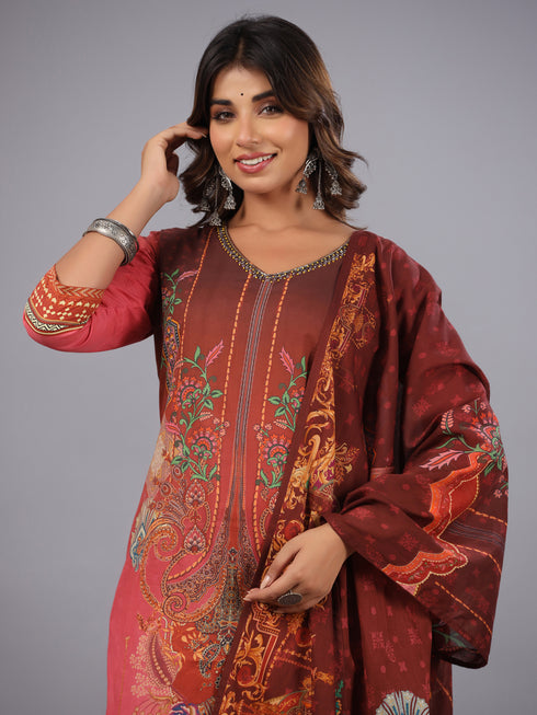 Brown Printed Embroidered Kurti Set