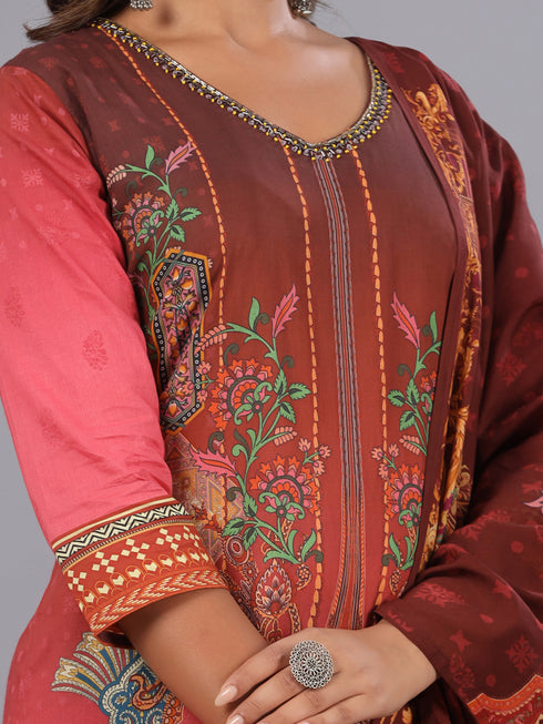 Brown Printed Embroidered Kurti Set
