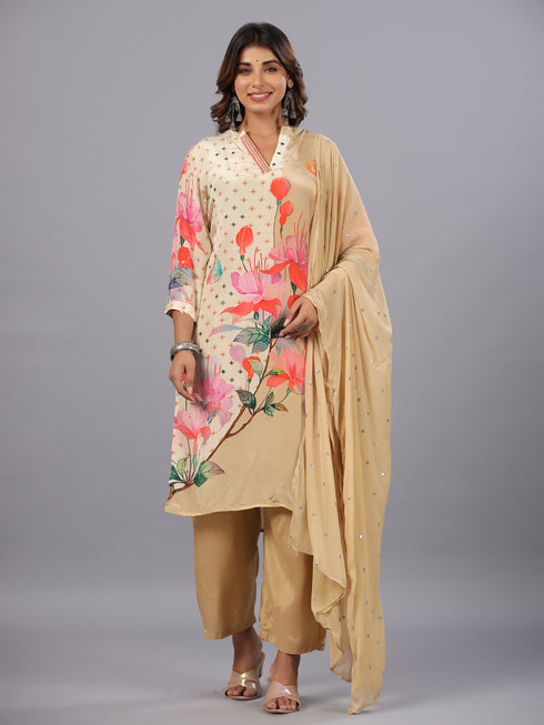 Cream Digital Print Mirror Work Kurti Set