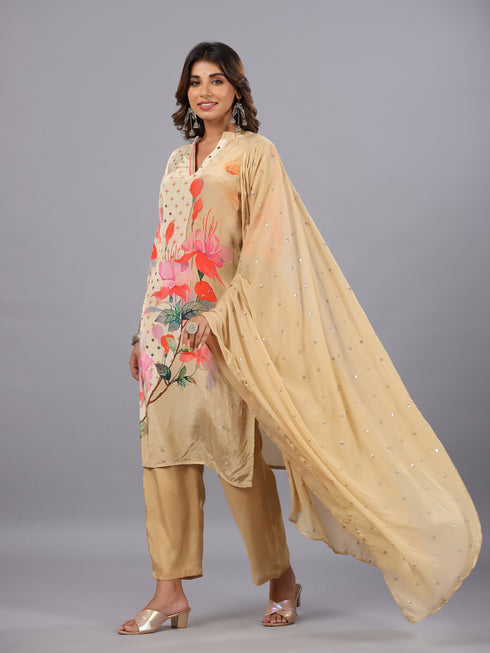 Cream Digital Print Mirror Work Kurti Set