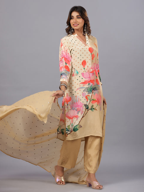 Cream Digital Print Mirror Work Kurti Set
