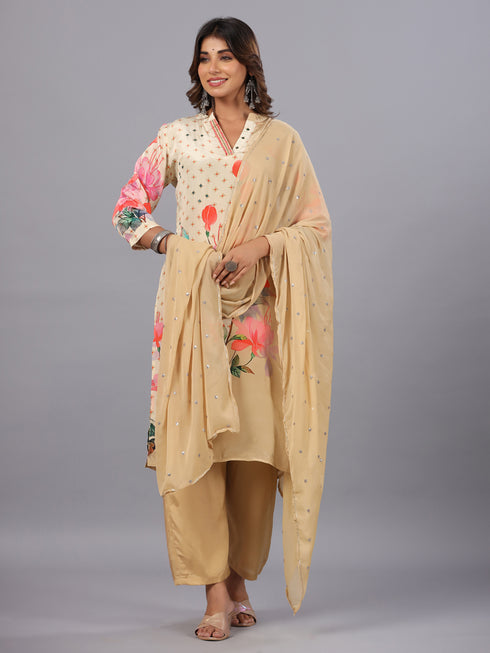 Cream Digital Print Mirror Work Kurti Set