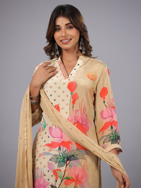 Cream Digital Print Mirror Work Kurti Set