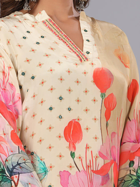 Cream Digital Print Mirror Work Kurti Set