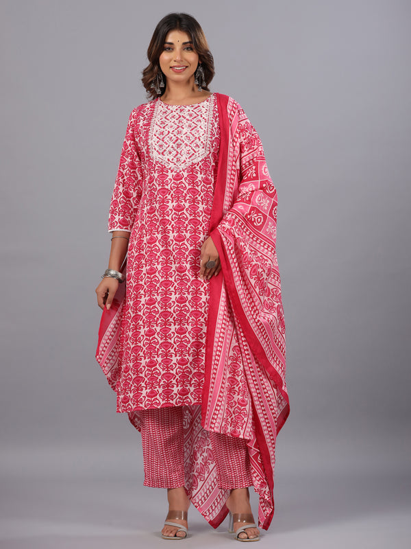 Magenta Jaipuri Print Embroidered Kurti Set