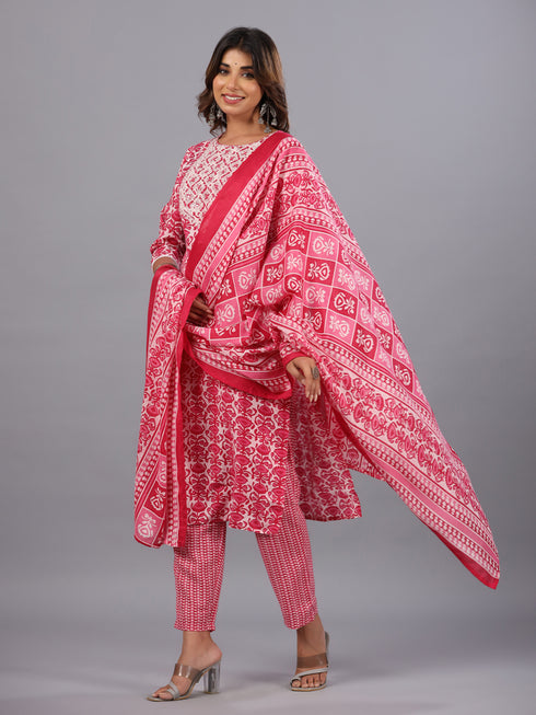 Magenta Jaipuri Print Embroidered Kurti Set