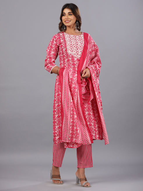 Magenta Jaipuri Print Embroidered Kurti Set