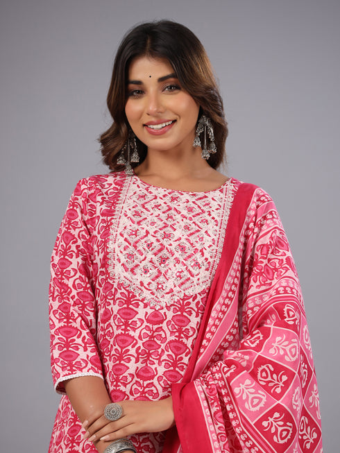 Magenta Jaipuri Print Embroidered Kurti Set