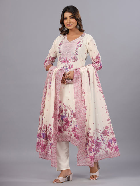 Purple Digital Print Embroidered Kurti Set