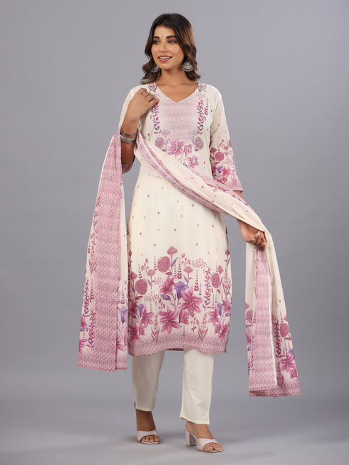 Purple Digital Print Embroidered Kurti Set