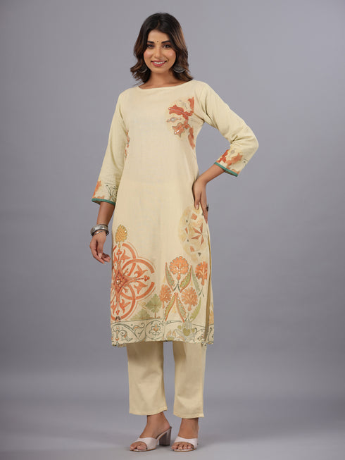 Beige Embroidered Kurti Set