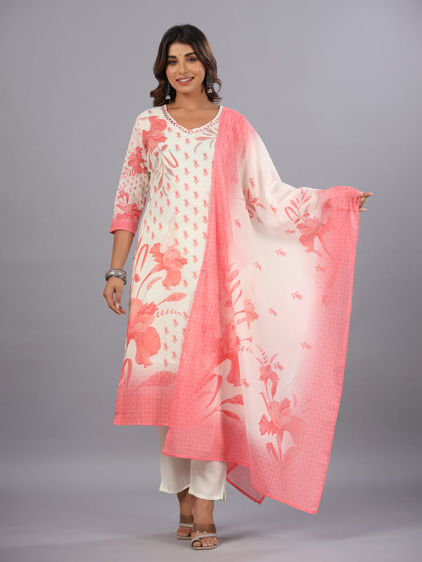 Pink Digital Print Golden Zari Work Kurti Set