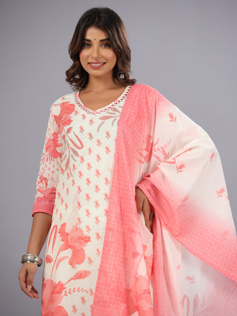 Pink Digital Print Golden Zari Work Kurti Set