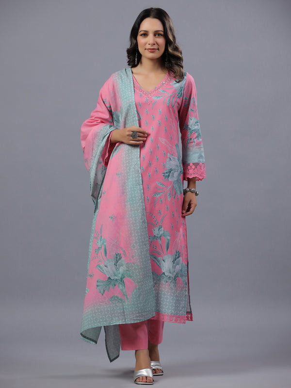 Pink Botanical Print Kurti Set
