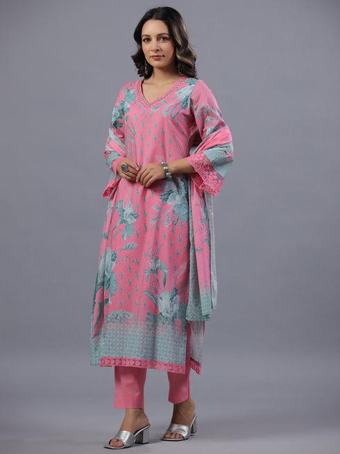 Pink Botanical Print Kurti Set