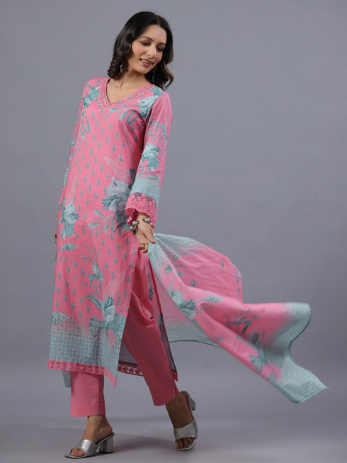 Pink Botanical Print Kurti Set