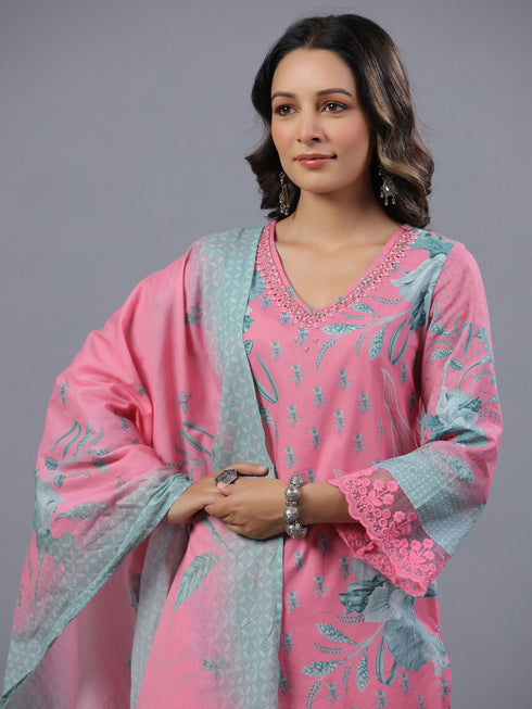 Pink Botanical Print Kurti Set