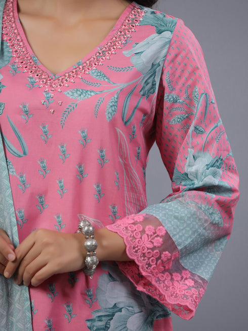Pink Botanical Print Kurti Set