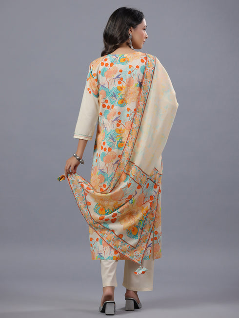 Cream Floral Print Kurti Set